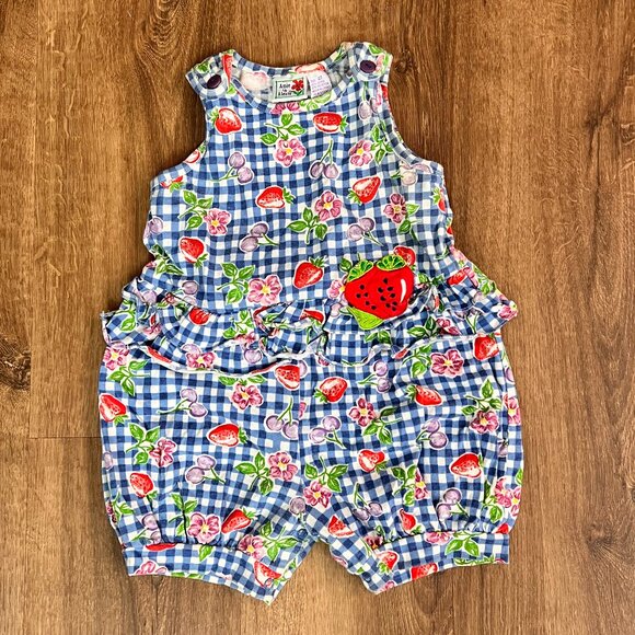 Vintage Amie n Alexis Floral Gingham Strawberry Ruffle Romper 90's Sz 4T